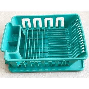 Vintage Sterilite Aqua Plastic Dish Drainer & Mat 2 pc Set